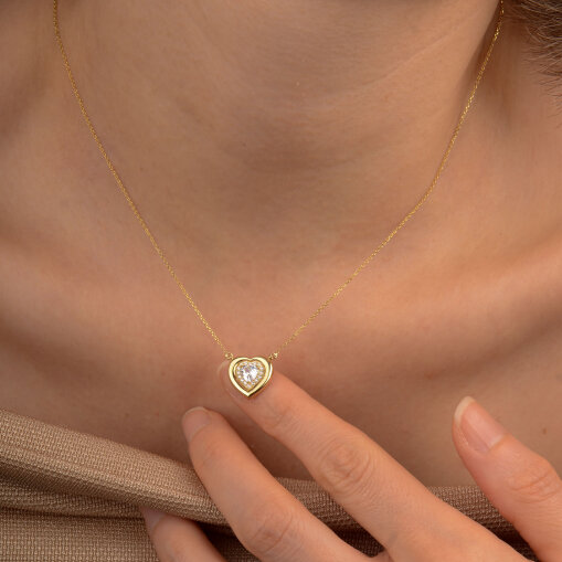 14 Ayar Altın Taşlı Kalp Kolye – Zarif Zirkon Detaylı Model - 3