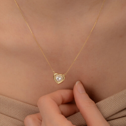 14 Ayar Altın Taşlı Kalp Kolye – Zarif Zirkon Detaylı Model - 4