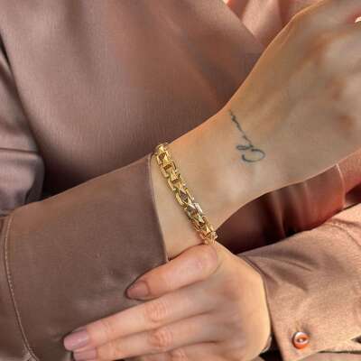 14 Ayar Taşlı Kilitli Köşegen Tasarım Altın Bileklik - 3