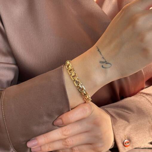 14 Ayar Taşlı Kilitli Köşegen Tasarım Altın Bileklik - 3