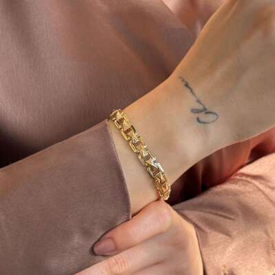 14 Ayar Taşlı Kilitli Köşegen Tasarım Altın Bileklik - 4