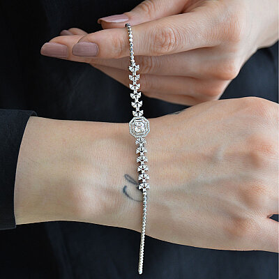 14 Ayar Yaprak Motifli Swarovski Baget Bileklik 18 cm - 2