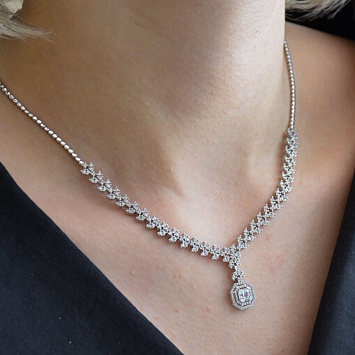 14 Ayar Yaprak Motifli Swarovski Baget Kolye 45 cm - 1