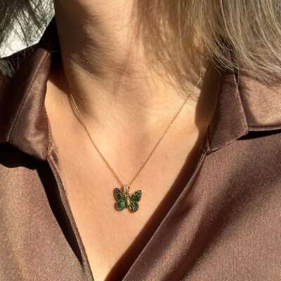 14 Ayar Altın Yeşil Mineli Kelebek Kolye | Özel Tasarım - 2