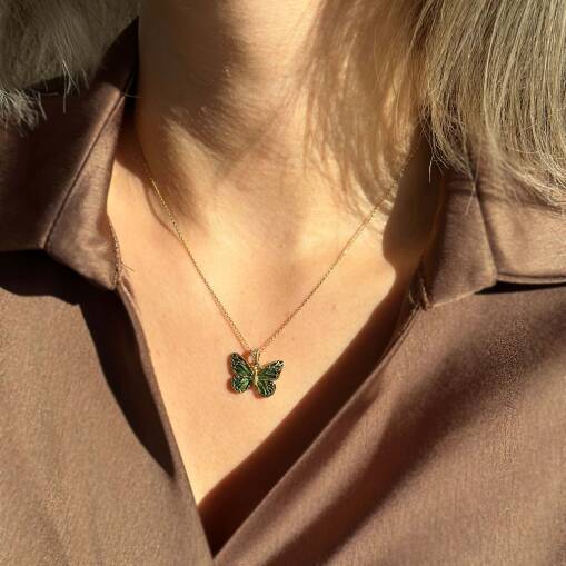 14 Ayar Altın Yeşil Mineli Kelebek Kolye | Özel Tasarım - 4