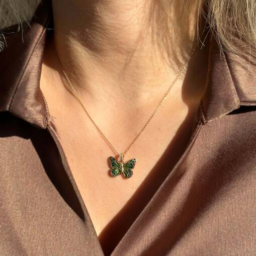 14 Ayar Altın Yeşil Mineli Kelebek Kolye | Özel Tasarım - 5