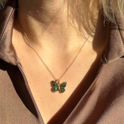14 Ayar Altın Yeşil Mineli Kelebek Kolye | Özel Tasarım - 1