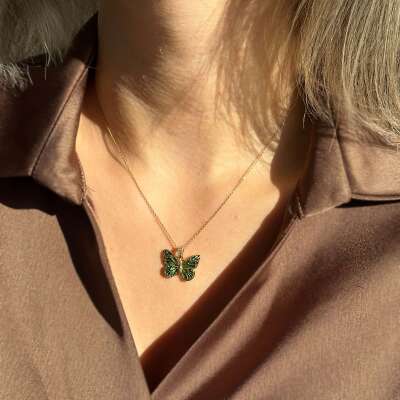 14 Ayar Altın Yeşil Mineli Kelebek Kolye | Özel Tasarım - 4