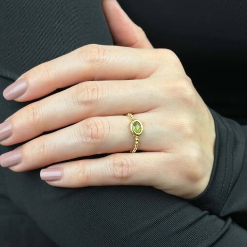 14 Ayar Yeşil Oval Taşlı Altın Yüzük – Modern Stil - 3