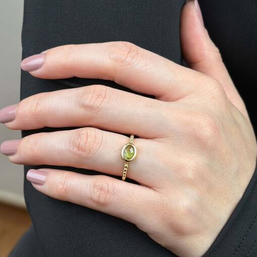 14 Ayar Yeşil Oval Taşlı Altın Yüzük – Modern Stil - 4