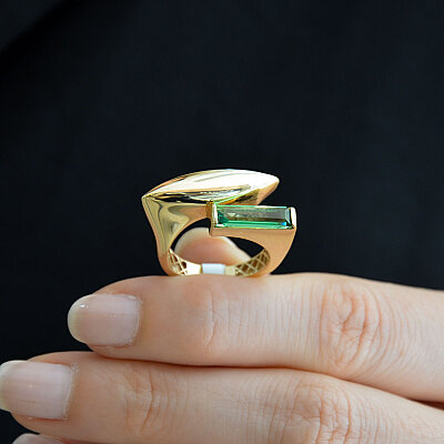 14 Ayar Yeşil Taşlı Markiz Kesim Yüzük - 2