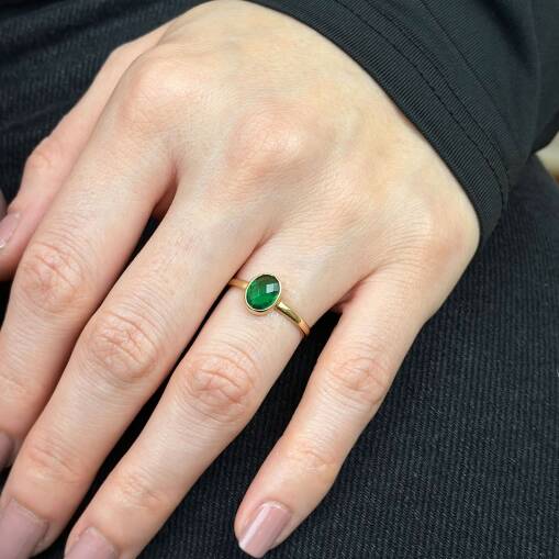 14 Ayar Yeşil Zümrüt Oval Taşlı Yüzük – Zarif Altın Tasarım - 2