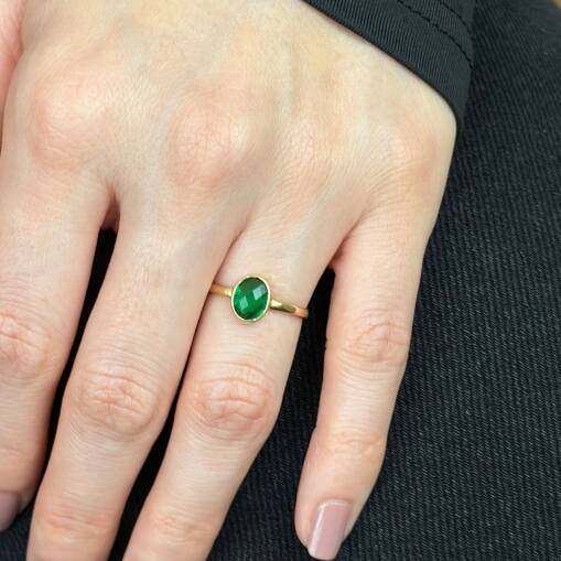 14 Ayar Yeşil Zümrüt Oval Taşlı Yüzük – Zarif Altın Tasarım - 4
