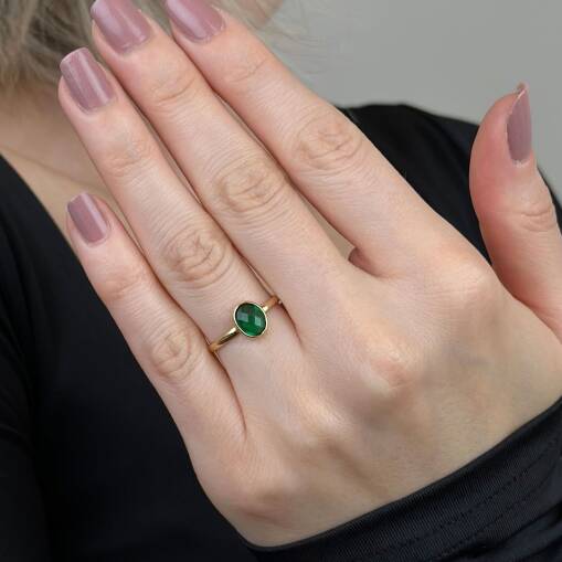 14 Ayar Yeşil Zümrüt Oval Taşlı Yüzük – Zarif Altın Tasarım - 3