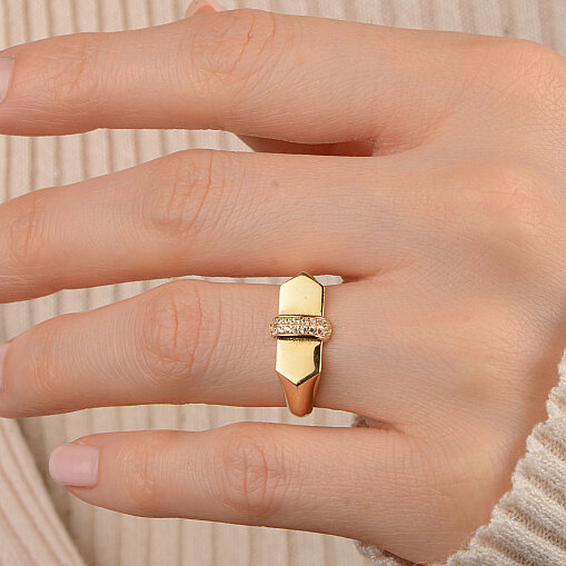 14 Ayar Zirkon Bar Taşlı Yüzük (Sarı) - 4