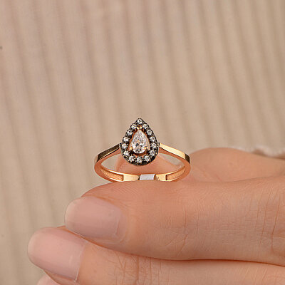 14 Ayar Zirkon Damla Taşlı Yüzük (Sarı) - 2