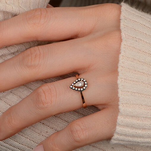 14 Ayar Zirkon Damla Taşlı Yüzük (Sarı) - 1