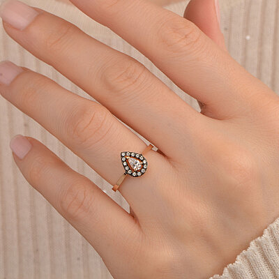 14 Ayar Zirkon Damla Taşlı Yüzük (Sarı) - 4