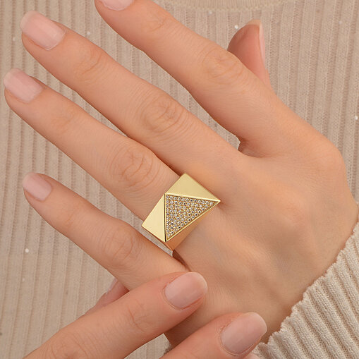 14 Ayar Zirkon Geometrik Taşlı Yüzük (Sarı) - 1