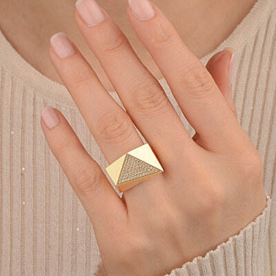 14 Ayar Zirkon Geometrik Taşlı Yüzük (Sarı) - 2