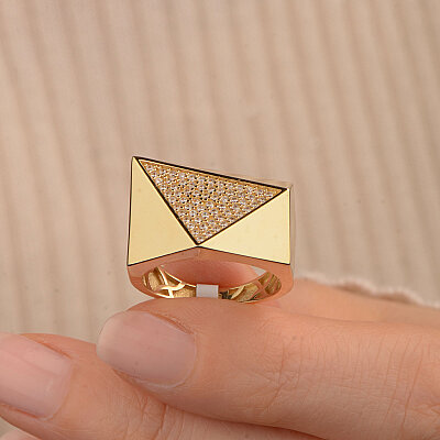 14 Ayar Zirkon Geometrik Taşlı Yüzük (Sarı) - 4