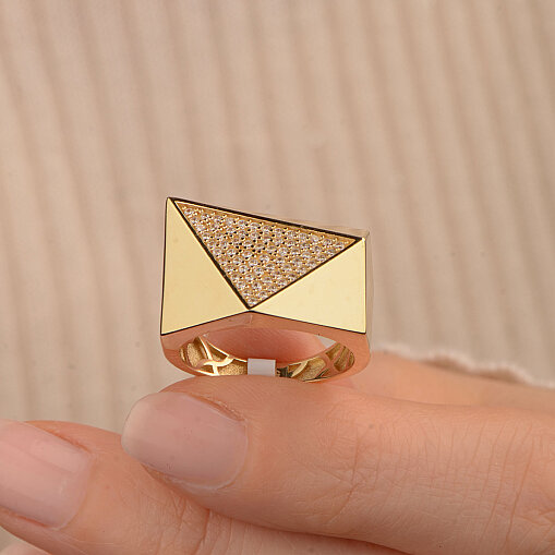 14 Ayar Zirkon Geometrik Taşlı Yüzük (Sarı) - 4