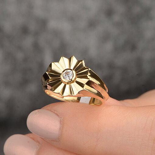 14 Ayar Zirkon Taşlı Ay Çiçeği Çiçek Yüzük (Sarı) - 1