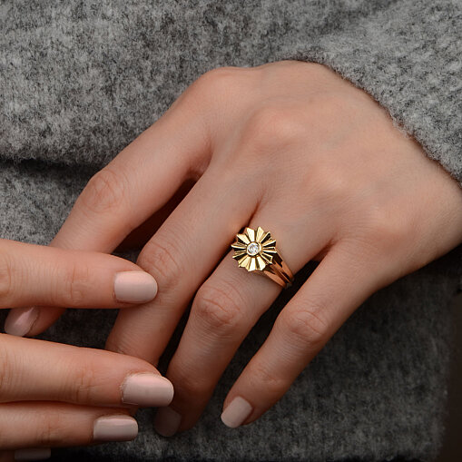 14 Ayar Zirkon Taşlı Ay Çiçeği Çiçek Yüzük (Sarı) - 2