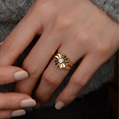 14 Ayar Zirkon Taşlı Ay Çiçeği Çiçek Yüzük (Sarı) - 3