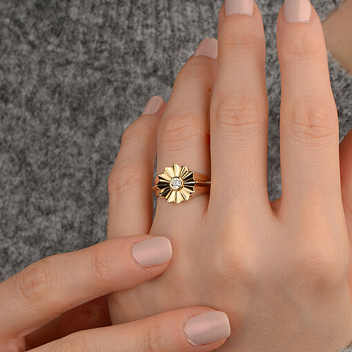 14 Ayar Zirkon Taşlı Ay Çiçeği Çiçek Yüzük (Sarı) - 4