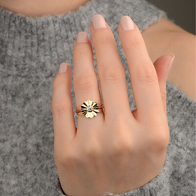 14 Ayar Zirkon Taşlı Ay Çiçeği Çiçek Yüzük (Sarı) - 5