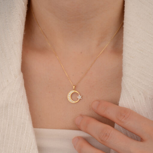 14 Ayar Zirkon Taşlı Ay Yıldız Kolye - 1