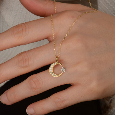 14 Ayar Zirkon Taşlı Ay Yıldız Kolye - 3