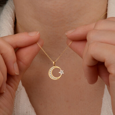 14 Ayar Zirkon Taşlı Ay Yıldız Kolye - 4
