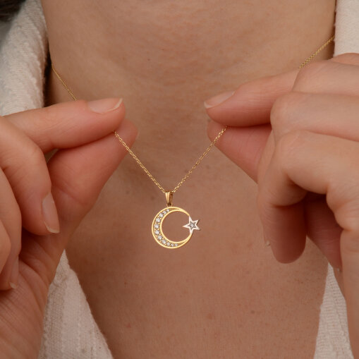 14 Ayar Zirkon Taşlı Ay Yıldız Kolye - 4