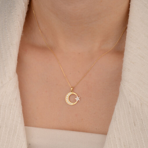 14 Ayar Zirkon Taşlı Ay Yıldız Kolye - 5