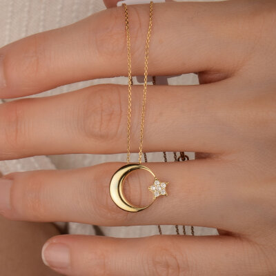 14 Ayar Zirkon Taşlı Bombe Ay Yıldız Kolye