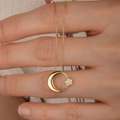 14 Ayar Zirkon Taşlı Bombe Ay Yıldız Kolye - 1