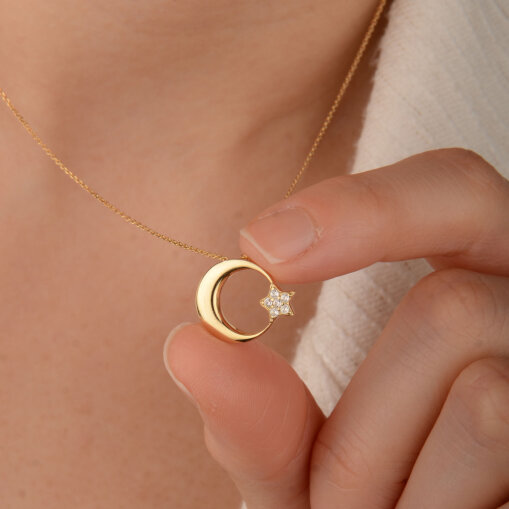 14 Ayar Zirkon Taşlı Bombe Ay Yıldız Kolye - 2