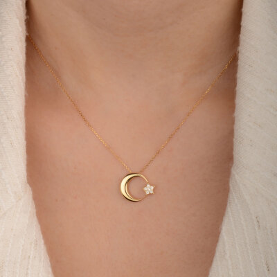 14 Ayar Zirkon Taşlı Bombe Ay Yıldız Kolye - 3