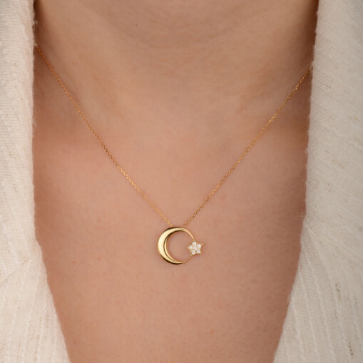 14 Ayar Zirkon Taşlı Bombe Ay Yıldız Kolye - 3