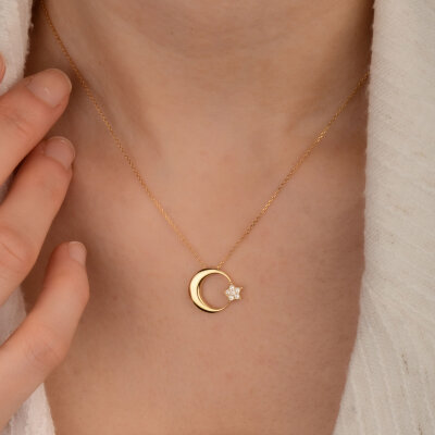 14 Ayar Zirkon Taşlı Bombe Ay Yıldız Kolye - 4