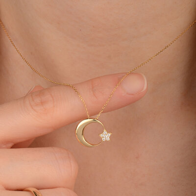 14 Ayar Zirkon Taşlı Bombe Ay Yıldız Kolye - 5