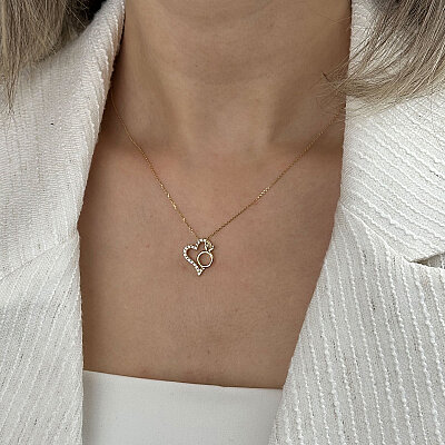 14 Ayar Zirkon Taşlı Kalp Kolye (Sarı)