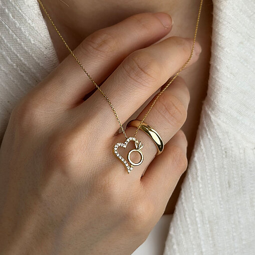 14 Ayar Zirkon Taşlı Kalp Kolye (Sarı) - 4