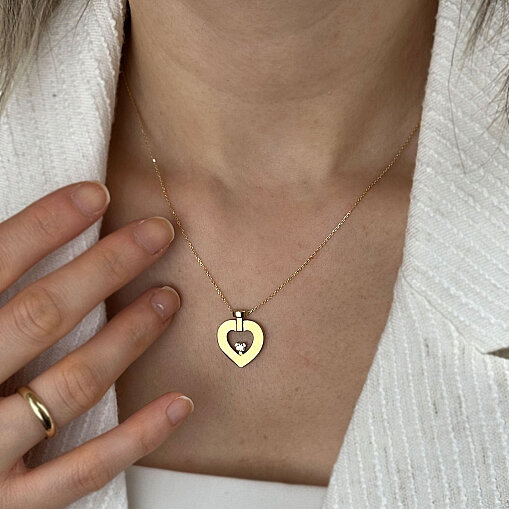 14 Ayar Zirkon Tek Taş Kalp Kolye (Sarı) - 2