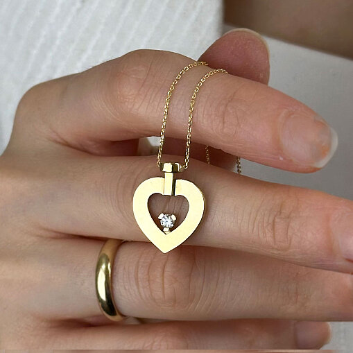 14 Ayar Zirkon Tek Taş Kalp Kolye (Sarı) - 3