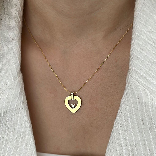 14 Ayar Zirkon Tek Taş Kalp Kolye (Sarı) - 5