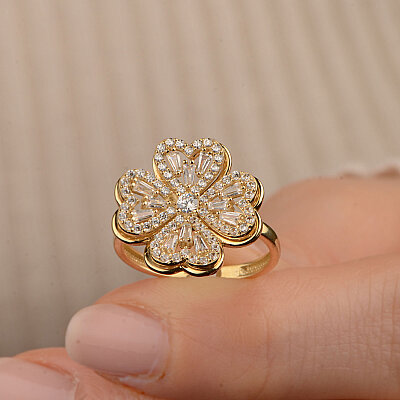 14 Ayar Zirkon Yonca Yüzük (Dönen Çiçek, Sarı)