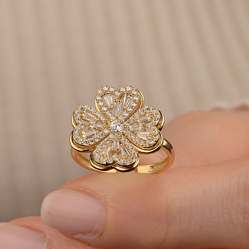 14 Ayar Zirkon Yonca Yüzük (Dönen Çiçek, Sarı) - 1